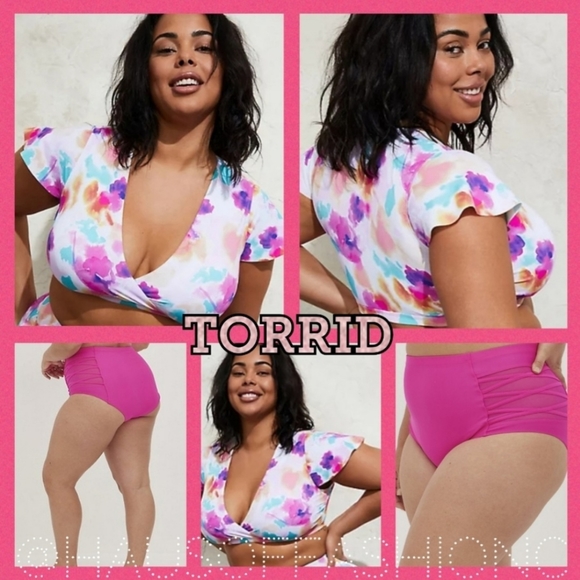 torrid Other - TORRID Multi Watercolor Floral Swim Top + High Waist Pink Lattice Swim Bottom!